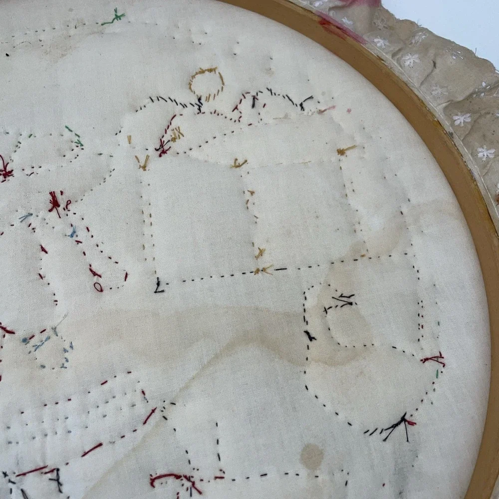 Vintage 1990s Round Country Farm Girl Wall Hanging Grannycore Lace Trim Framed